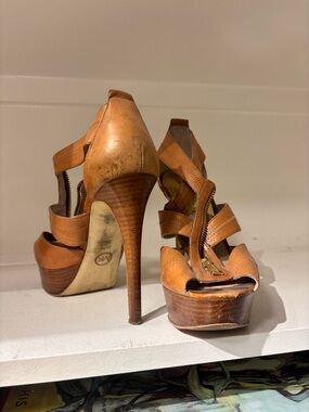 Michael Kors Cognac Leather Strappy Platform Stiletto Sandals